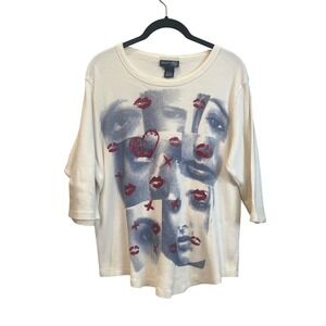 Vintage Venezia Jeans Graphic Top 18/20 White Ribbed Glitter Lips Faces Y2K